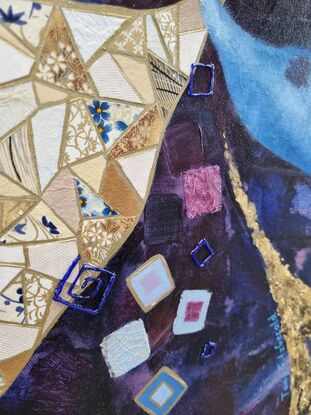 Abstract painting by Tania FitzGerald with mosaic elements in beige, gold leaf detail, transparent blue and purple background