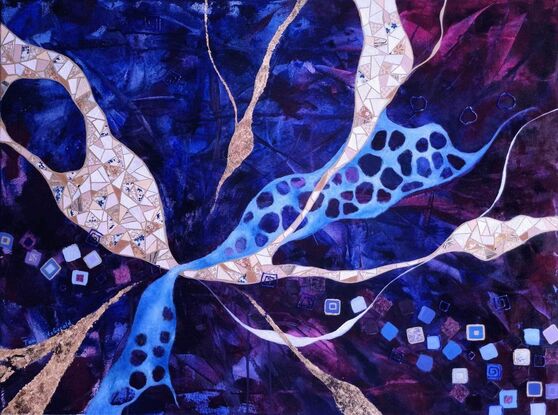 Abstract painting by Tania FitzGerald with mosaic elements in beige, gold leaf detail, transparent blue and purple background