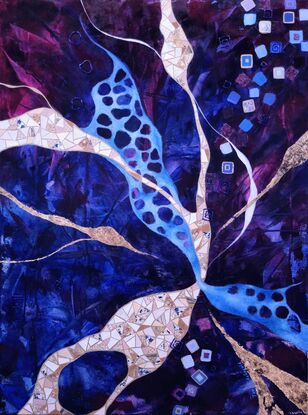 Abstract painting by Tania FitzGerald with mosaic elements in beige, gold leaf detail, transparent blue and purple background