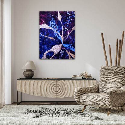 Abstract painting by Tania FitzGerald with mosaic elements in beige, gold leaf detail, transparent blue and purple background