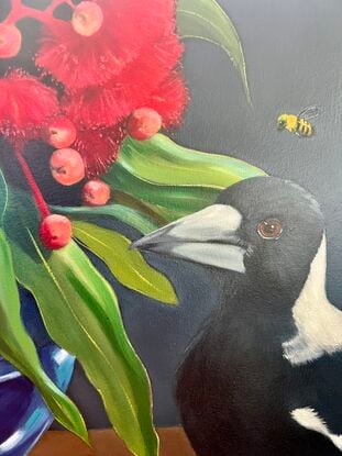 Magpie and fairywren on a tabletop with gum blossom and cookbooks and fruit. 