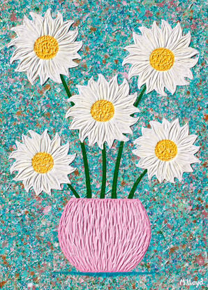 white and yellow textured flowers in a pink vase on a sky blue background