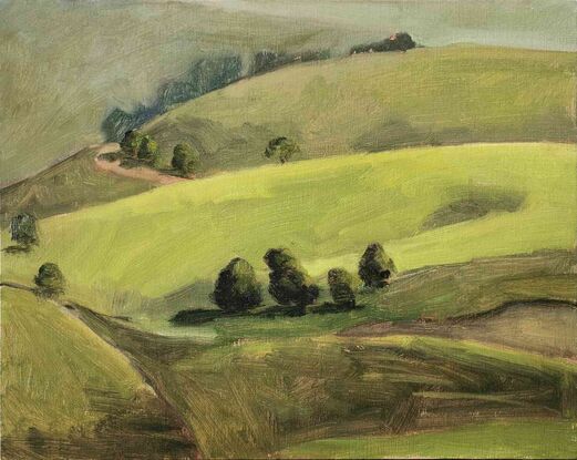 Oil painting of green hills in South Gippsland.