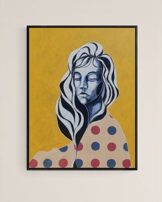 brightly coloured mid century modern artwork in a pop art style portrait of a woman in a patterned blanket against a vibrant yellow background.