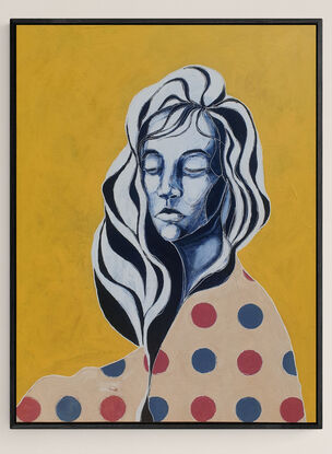 brightly coloured mid century modern artwork in a pop art style portrait of a woman in a patterned blanket against a vibrant yellow background.