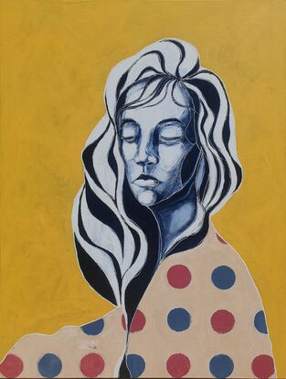 brightly coloured mid century modern artwork in a pop art style portrait of a woman in a patterned blanket against a vibrant yellow background.