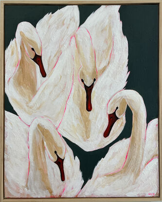 Swans with pink highlights and dark green background. Wooden frame