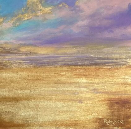 Large blue purple sky with gold leaf cliffs and clouds, ocean, sands