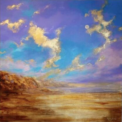 Large blue purple sky with gold leaf cliffs and clouds, ocean, sands