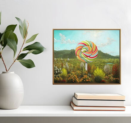 At the centre of a serene colonial-era landscape with an English cottage garden planted and flourishing in the foreground under cloudy blue skies, is a giant glossy and hyper-realistic, vibrant lollipop structure.