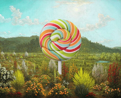 At the centre of a serene colonial-era landscape with an English cottage garden planted and flourishing in the foreground under cloudy blue skies, is a giant glossy and hyper-realistic, vibrant lollipop structure.