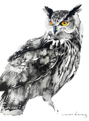 With piercing orange eyes that seem to glow against the twilight sky, the owl scans its surroundings, 