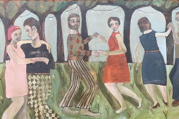 The painting depicts a group of men and women dancing outdoors. There are trees in the background and fairy lights. 