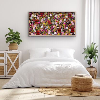 This artwork draws inspiration from the rich beauty of native Australian flora, featuring vibrant Sturt desert peas, striking banksias, delicate flannel flowers, cheerful billy buttons, and whimsical flowering gumnuts. Each bloom is carefully portrayed to celebrate the unique colours, textures, and forms of these iconic wildflowers, creating a piece that brings the essence of Australia’s natural landscape to life. Through a harmonious blend of detail and colour, the artwork captures the wild elegance of the Australian bush, inviting viewers to experience the charm of these native treasures.