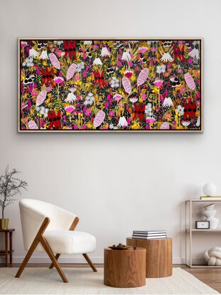 This artwork draws inspiration from the rich beauty of native Australian flora, featuring vibrant Sturt desert peas, striking banksias, delicate flannel flowers, cheerful billy buttons, and whimsical flowering gumnuts. Each bloom is carefully portrayed to celebrate the unique colours, textures, and forms of these iconic wildflowers, creating a piece that brings the essence of Australia’s natural landscape to life. Through a harmonious blend of detail and colour, the artwork captures the wild elegance of the Australian bush, inviting viewers to experience the charm of these native treasures.