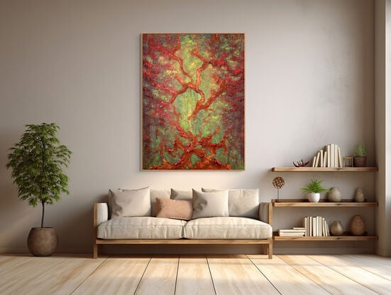 This abstract contemporary painting is a dynamic representation of nature, dominated by vibrant  green hues and complemented by orange tones. The artist employs a heavy texture, adding depth and dimension to the artwork, creating a visually engaging and evocative piece.