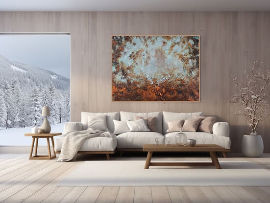 This abstract contemporary painting is a dynamic representation of nature, dominated by vibrant  green hues and complemented by orange tones. The artist employs a heavy texture, adding depth and dimension to the artwork, creating a visually engaging and evocative piece.