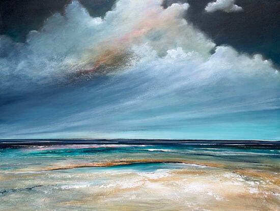 Autumn Swell by Tania Chanter is a textured abstract seascape that captures the untamed energy of the sea beneath moody, dramatic clouds.  The palette hints at the changing season, with deep, atmospheric tones conveying a sense of both calm and power.


