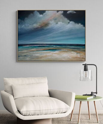 Autumn Swell by Tania Chanter is a textured abstract seascape that captures the untamed energy of the sea beneath moody, dramatic clouds.  The palette hints at the changing season, with deep, atmospheric tones conveying a sense of both calm and power.


