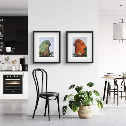 Light green and light red parrot portrait with green leaves and branches and red blossoms across the lower quarter of the paper.