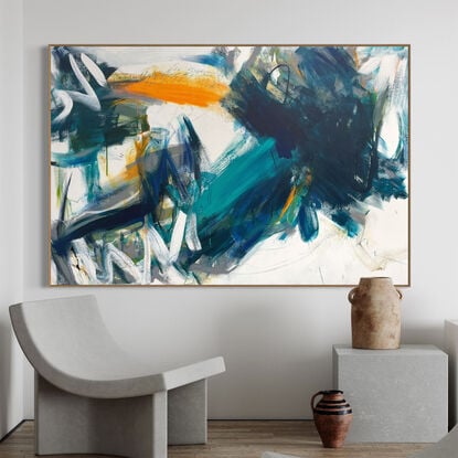 bold marks in white, dark blue, grey and orange across the canvas suggestive of  the landscape, marina, seascape , river, estuary, harbour made from large expressive painterly marks.