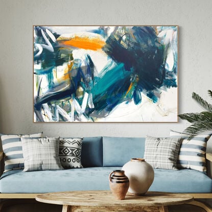 bold marks in white, dark blue, grey and orange across the canvas suggestive of  the landscape, marina, seascape , river, estuary, harbour made from large expressive painterly marks.