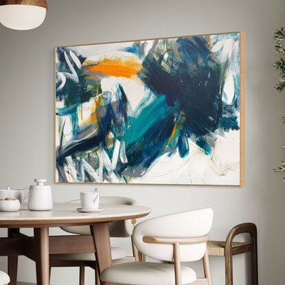 bold marks in white, dark blue, grey and orange across the canvas suggestive of  the landscape, marina, seascape , river, estuary, harbour made from large expressive painterly marks.