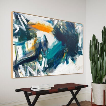 bold marks in white, dark blue, grey and orange across the canvas suggestive of  the landscape, marina, seascape , river, estuary, harbour made from large expressive painterly marks.