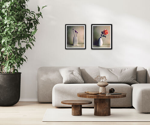 Four Chive flower stems in a crackled white vase.  Minimal.