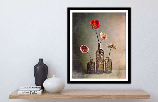 3 Vintage glass vases with Poppies, minimal in style.