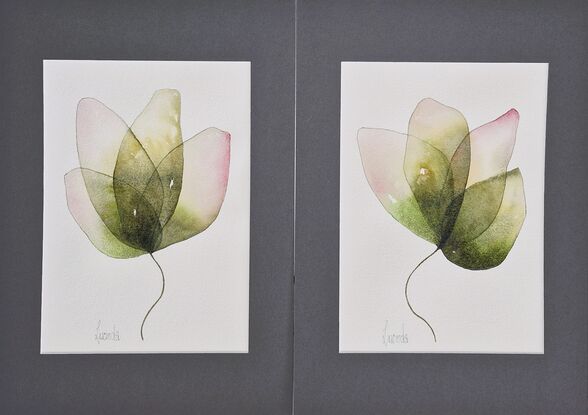  watercolour, pair of small watercolour paintings in greens and pinks, based on a four leaf clover. original art, Lucinda Leveille