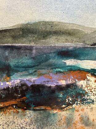 An ocean and beach painted in a loose style with lots of different textures and markmaking.  