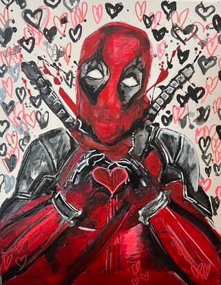 An Abstract Celebration of Deadpool with Heart-Shaped Hands Surrounded by Affectionate Hearts