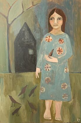 The painting depicts a woman standing outside. She is wearing a blue dress and there is a brown bird in her hand. There are numerous brown birds on the ground beside her and a black house in the background. 