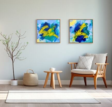 Cool, crisp, blues, yellow and greens in an abstract expressionist style.