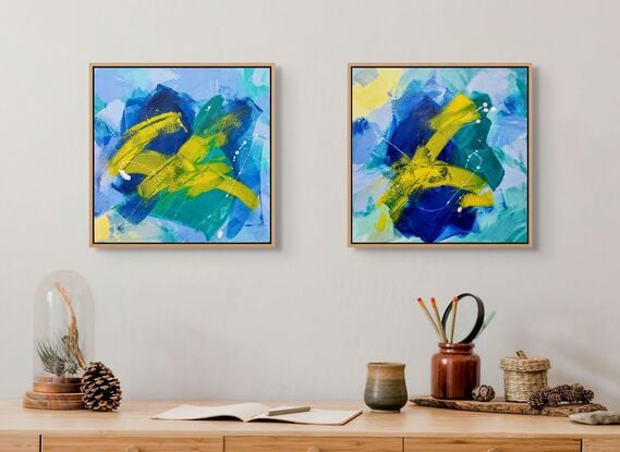 Cool, crisp, blues, yellow and greens in an abstract expressionist style.