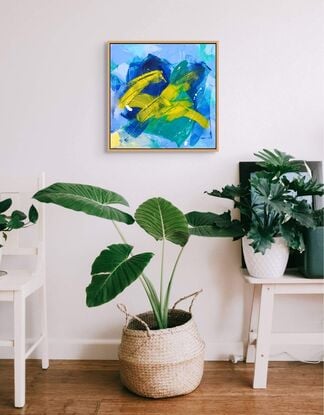 Cool, crisp, blues, yellow and greens in an abstract expressionist style.