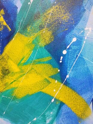 Cool, crisp, blues, yellow and greens in an abstract expressionist style.