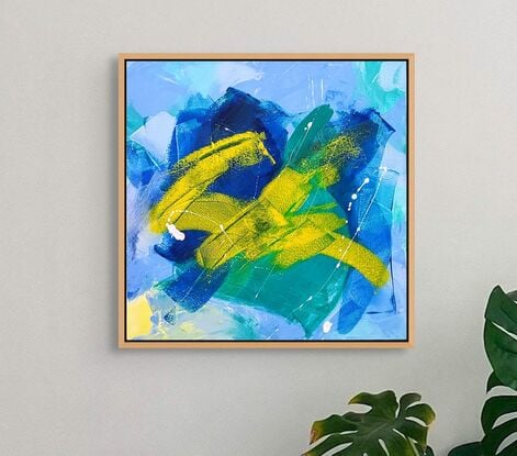 Cool, crisp, blues, yellow and greens in an abstract expressionist style.