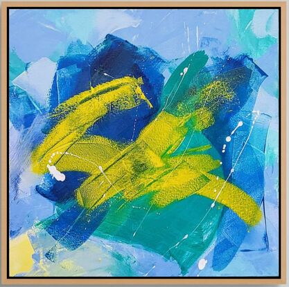 Cool, crisp, blues, yellow and greens in an abstract expressionist style.