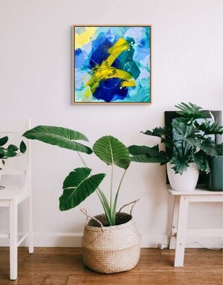 Cool, crisp, blues, yellow and greens in an abstract expressionist style.