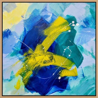 Cool, crisp, blues, yellow and greens in an abstract expressionist style.