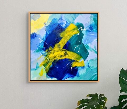 Cool, crisp, blues, yellow and greens in an abstract expressionist style.