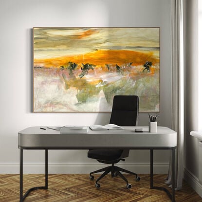 Subtle tones in warm earthy beige, apricot, orange, pink, ochre, brown, white, grey, olive and light green combined with large expressive pencil and paint marks, across the canvas surface. 