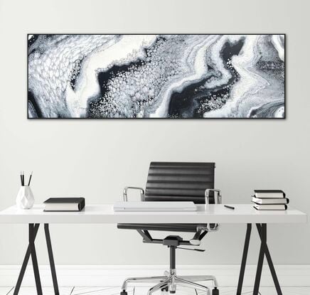 This beautiful piece is 152.4cm x 50.8cm and predominantly  features black and white with touches of grey with  some extremely lovely fluid art effects of cells and lacing that cannot be replicated, ensuring its status as an original work. 