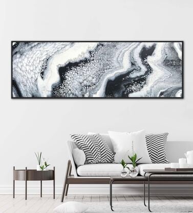 This beautiful piece is 152.4cm x 50.8cm and predominantly  features black and white with touches of grey with  some extremely lovely fluid art effects of cells and lacing that cannot be replicated, ensuring its status as an original work. 