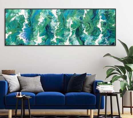 "Whispers of Nature" is a captivating painting inspired by the natural world, using fluid art techniques to blend shades of greens, blues, and white. The colors flow smoothly across the canvas, creating a serene and harmonious composition. The painting invites you to imagine the gentle whispers of nature, with each color representing a different element of the environment.