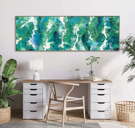 "Whispers of Nature" is a captivating painting inspired by the natural world, using fluid art techniques to blend shades of greens, blues, and white. The colors flow smoothly across the canvas, creating a serene and harmonious composition. The painting invites you to imagine the gentle whispers of nature, with each color representing a different element of the environment.