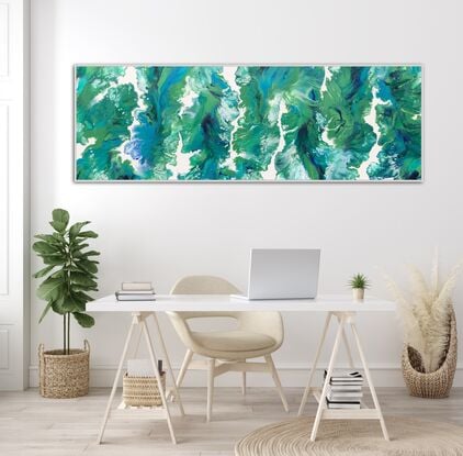 "Whispers of Nature" is a captivating painting inspired by the natural world, using fluid art techniques to blend shades of greens, blues, and white. The colors flow smoothly across the canvas, creating a serene and harmonious composition. The painting invites you to imagine the gentle whispers of nature, with each color representing a different element of the environment.