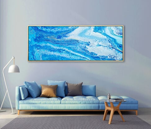 large painting in abstract of aerial of beach with white foam from waves coming into shore. The ocean is gorgeous turquoise waters, aquamarine and hues of blue